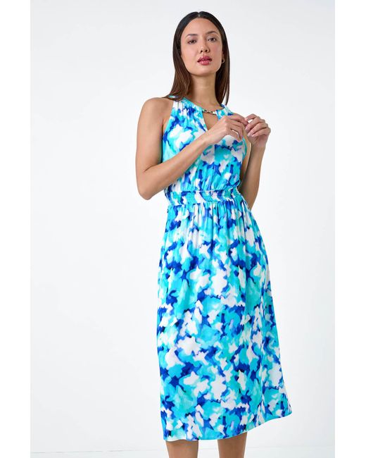 Roman Blue Abstract Halter Neck Stretch Midi Dress