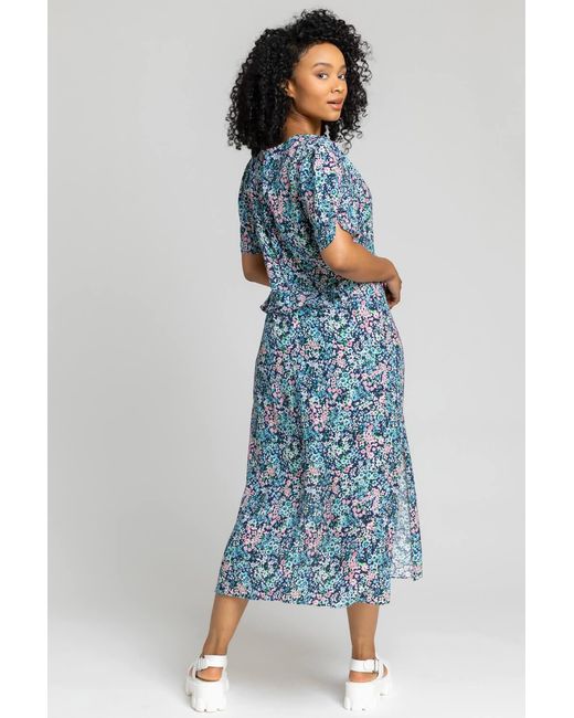 Roman Petite Blue Floral Frill Detail Midi Dress