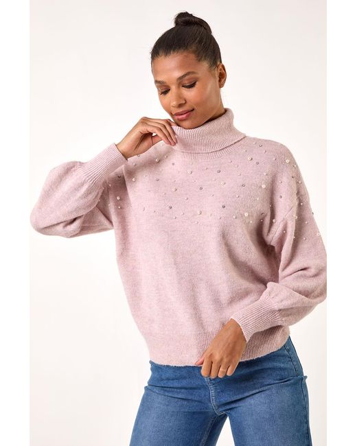Roman Blue Faux Pearl Roll Neck Knit Jumper