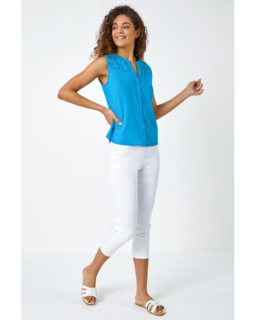 Roman Blue Sleeveless Embroidered Cotton Blouse