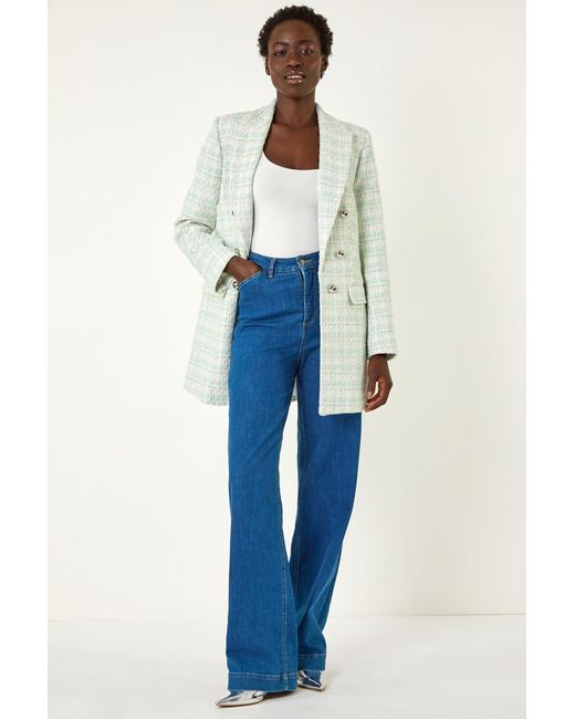 Roman Blue Longline Checkered Boucle Jacket