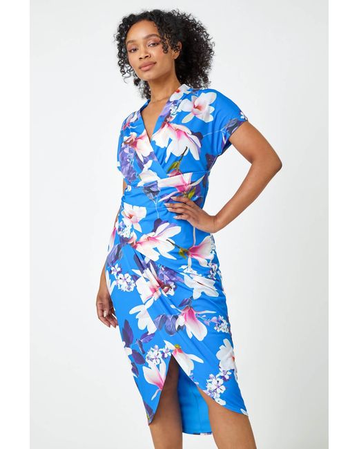 Roman Petite Blue Ruched Floral Wrap Dress