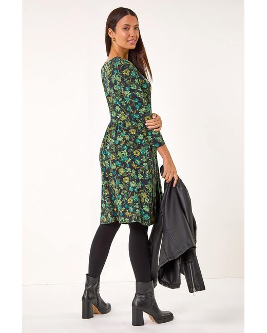 Roman Green Floral Print Button Stretch V-Neck Dress