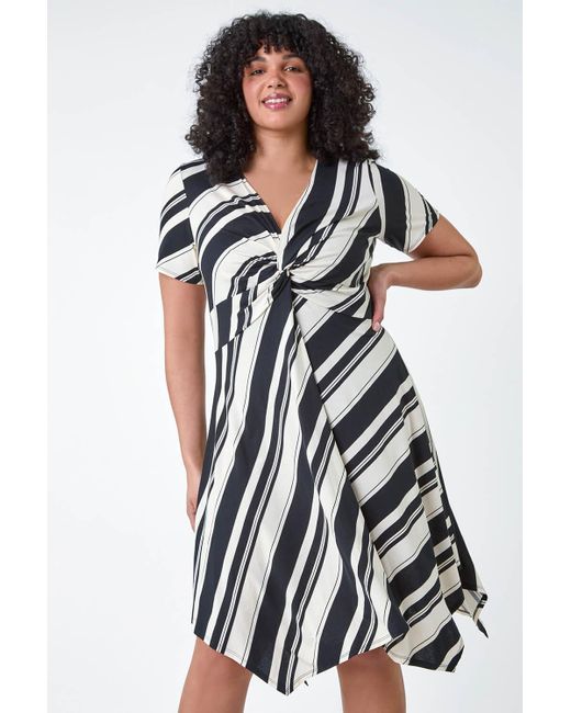 Roman White Originals Curve Stripe Print Twist Front Dress