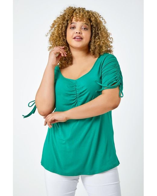 Roman Curve Blue Plain V-Neck Ruched Tie Top