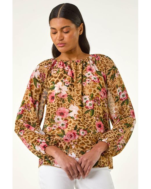 Roman Brown Animal Floral Print Tunic Top