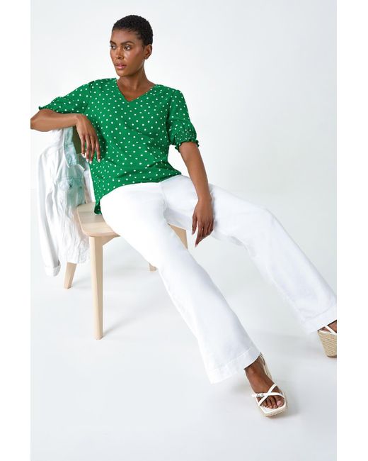 Roman Green Polka Dot Shirred V-Neck Top