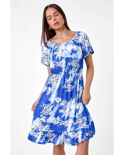 Roman Blue Originals Petite Abstract Floral Stretch Frill Dress