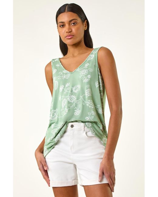 Roman Green Paisley Print Stretch Cami Top