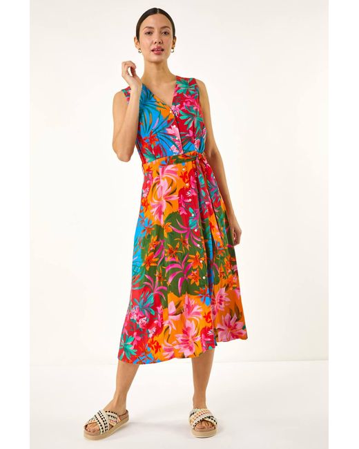 Roman Red Tropical Print Button Through Midi Dress