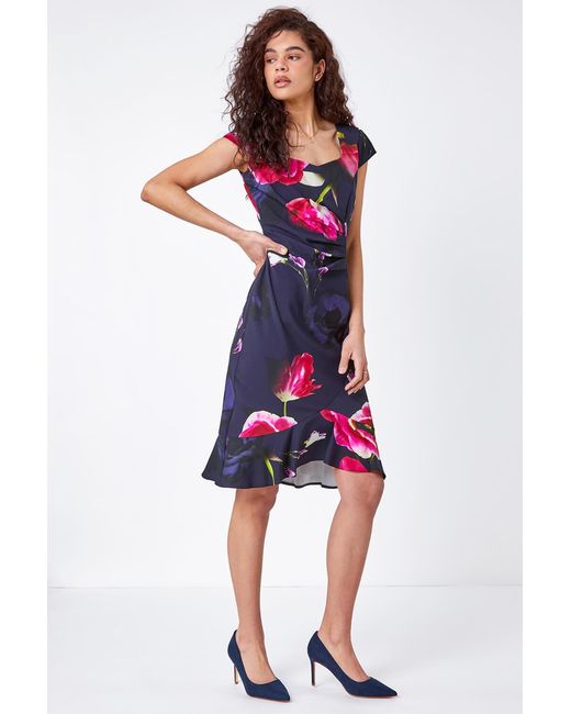 Roman Blue Floral Frill Premium Stretch Ruched Dress