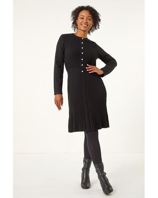 Roman Petite Black Pearl Button Knitted Dress