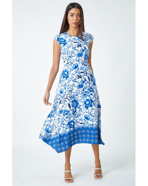 Roman Blue Sleeveless Floral Border Print Midi Dress