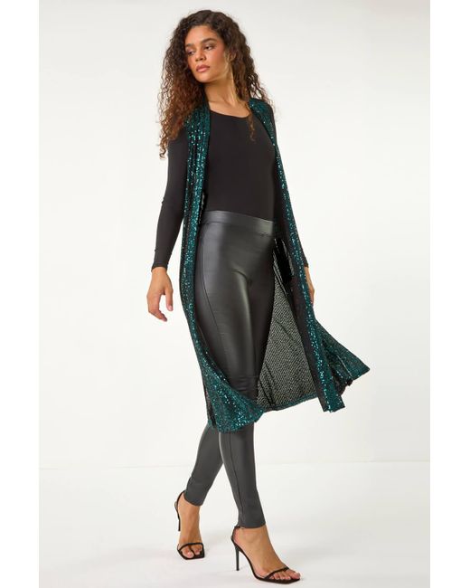 Roman Green Sequin Longline Stretch Cardigan