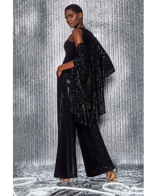 Roman Black Size Embellished Sequin Cape Jacket