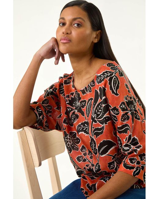 Roman Red Floral Print Tunic Top