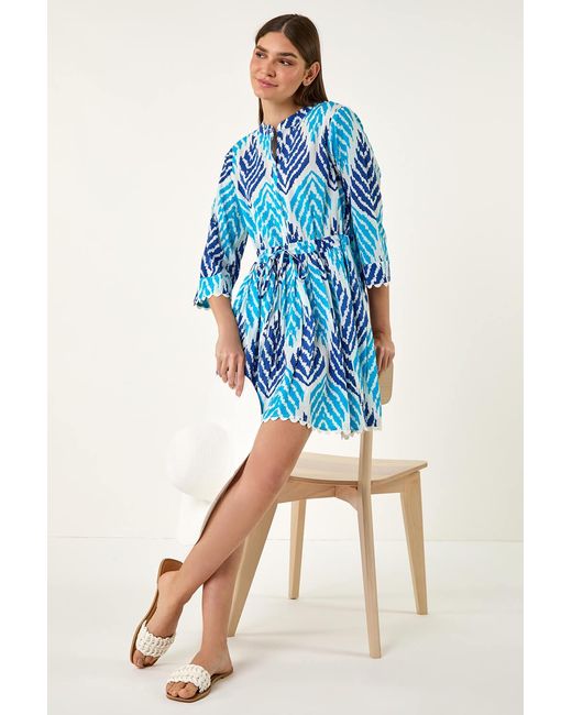 Roman Blue Cotton Zig Zag Frill Trim Smock Dress