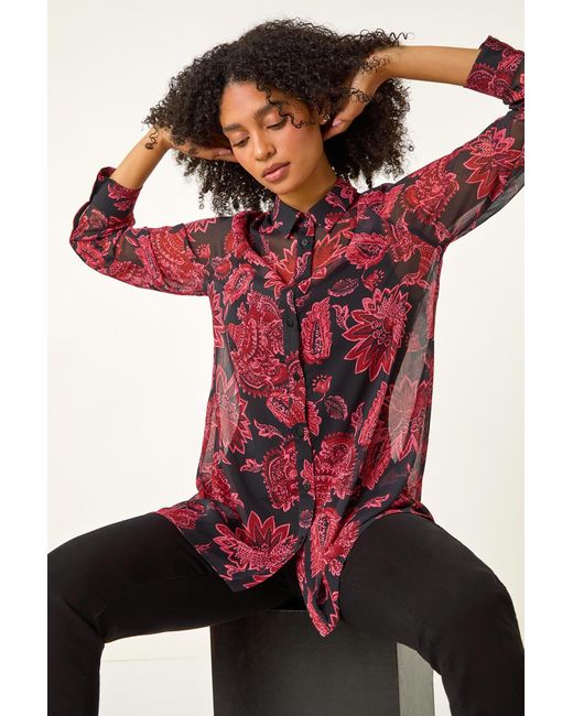 Roman Red Floral Longline Button Detail Shirt