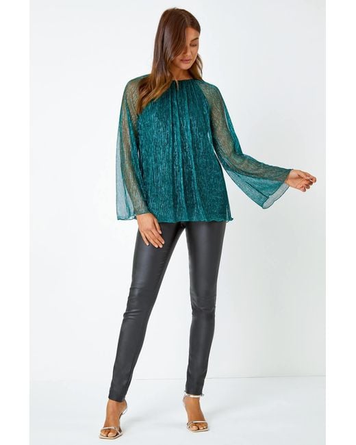 Roman Green Plisse Overlay Wide Sleeve Top