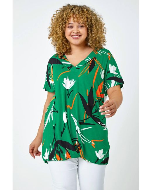 Roman Curve Green Printed V-Neck Stretch Jersey Top