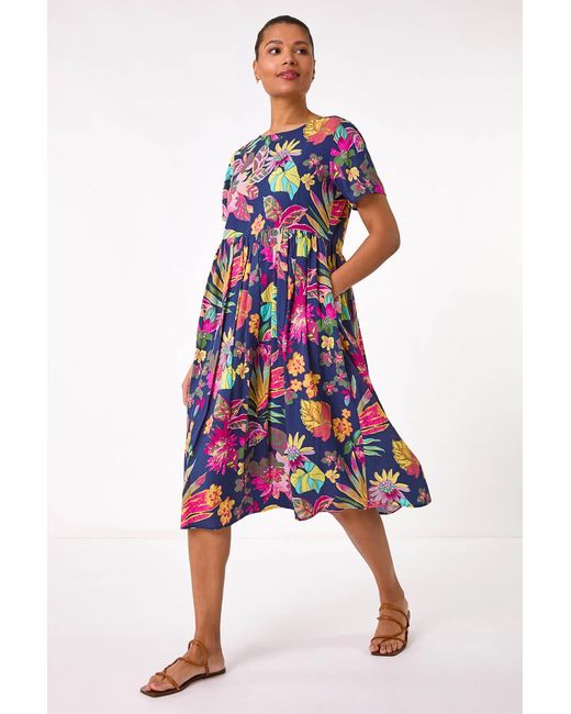 Roman White Floral Print Smock Midi Dress