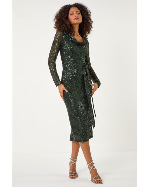 D.u.s.k Green Sequin Cowl Neck Pencil Stretch Dress