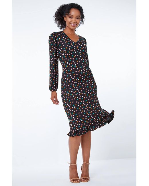 Roman Petite Black Spot Print Frill Hem Dress