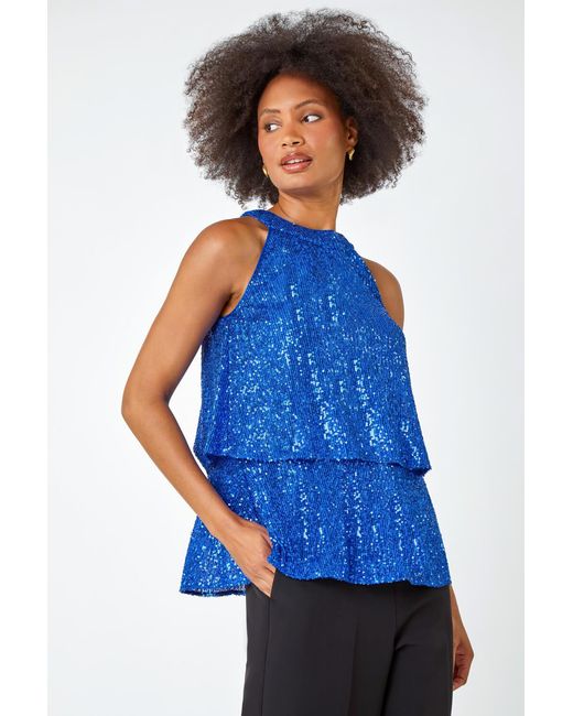 D.u.s.k Blue Sequin Tiered Halterneck Stretch Top