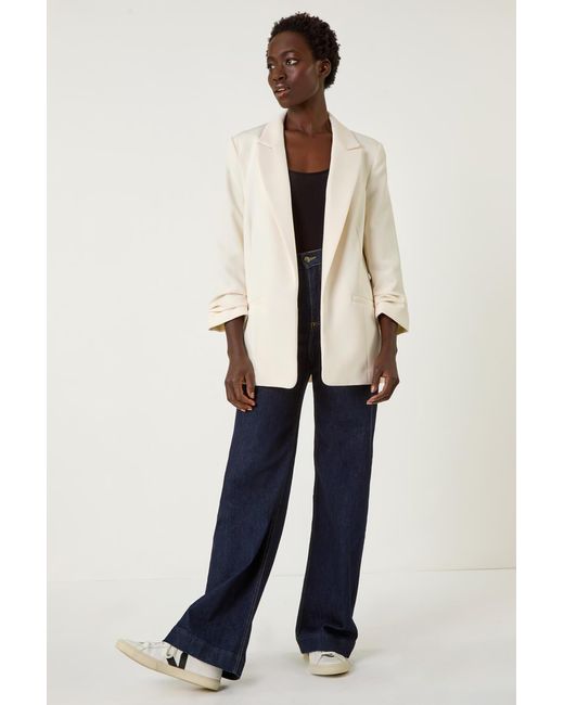 Roman Natural Tailored Ruched Sleeve Stretch Blazer