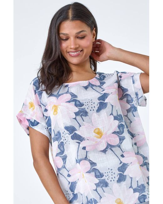 Roman Blue Floral Print Cotton T-shirt