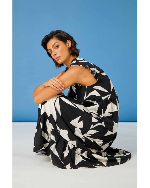 Roman Black Abstract Print Frill Detail Midi Dress