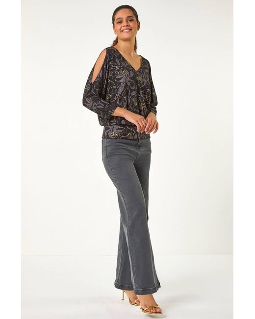 Roman Black Sparkle Floral Print V-Neck Banded Hem Top