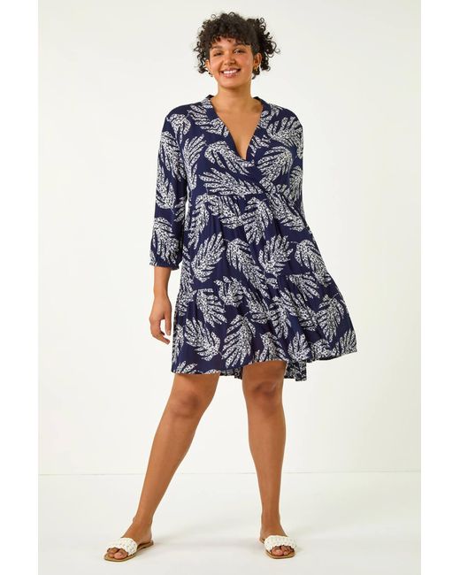 Roman Curve Blue Leaf Print Wrap Smock Dress