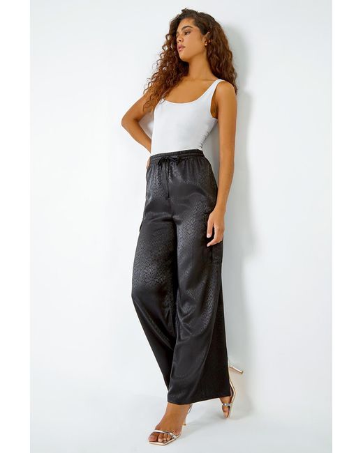 Roman Black Animal Print Satin Stretch Cargo Trousers