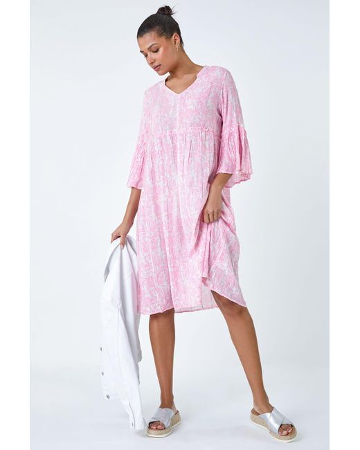 Roman Pink Leaf Print Shimmer Smock Dress