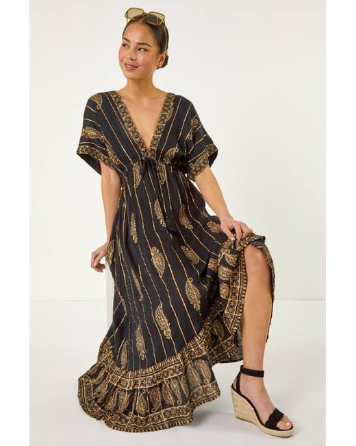 Roman Petite Black Foil Print Boho Maxi Dress