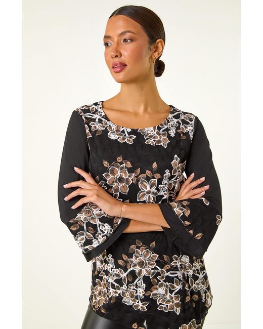 Roman Black Floral Print Lace Asymmetric Hem Top