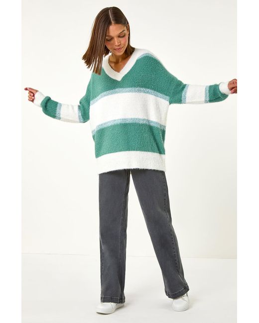 Roman Green V-Neck Stripe Knit Jumper