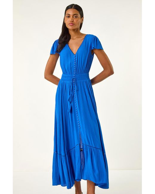 Roman Blue Tiered Buttoned Maxi Dress