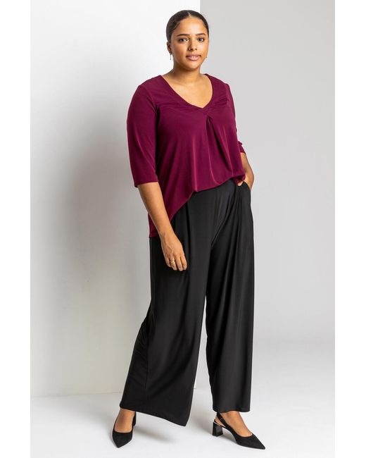 Roman Curve Black Plain Elastic Waist Wide Leg Trouser