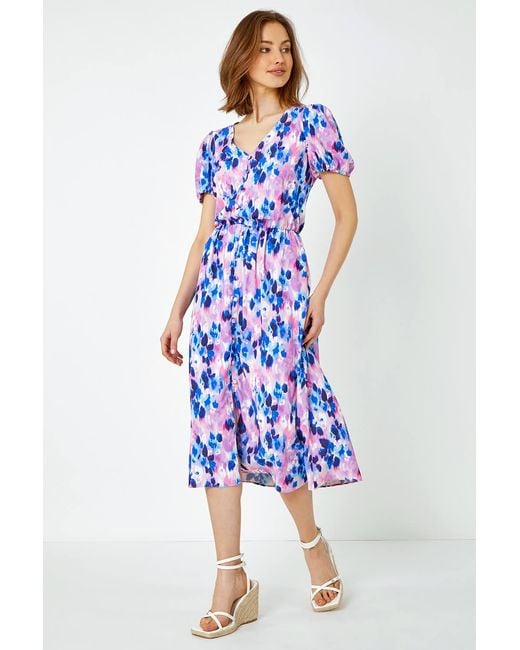 Roman Blue Floral Print Button Detail Midi Dress