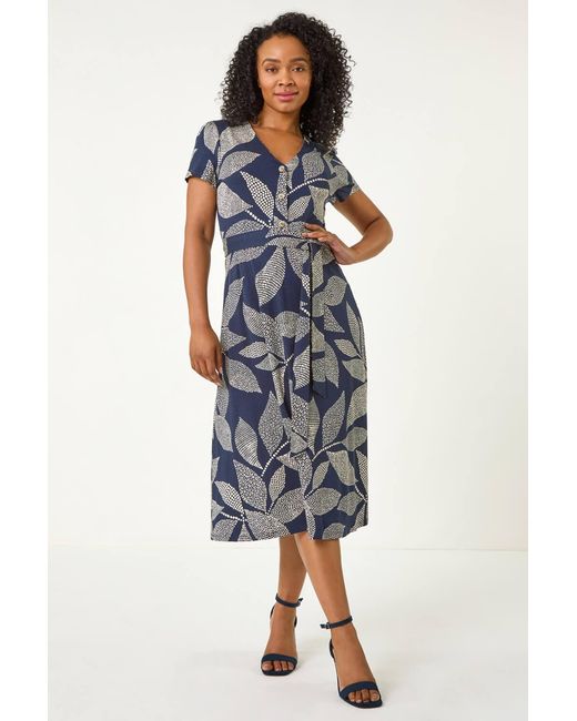 Roman Petite Blue Leaf Tie Waist Midi Dress