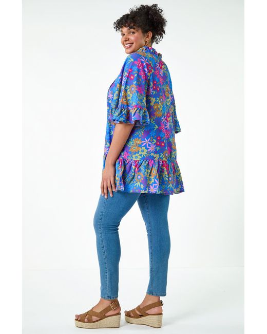 Roman Curve Blue Floral Frill Tie Detail Top