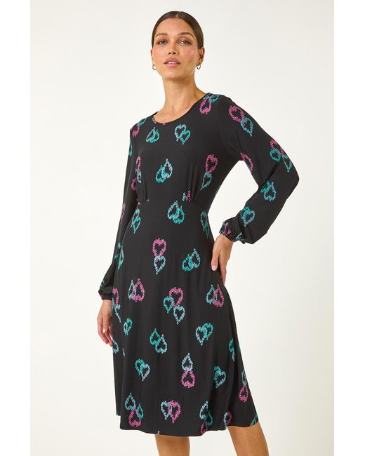 Roman Blue Heart Print Tea Stretch Midi Dress