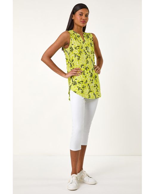 Roman Green Floral Buttoned Stretch Vest Top