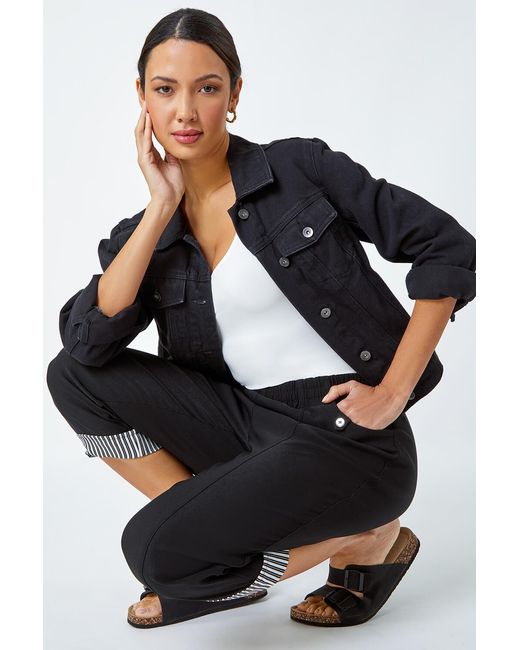 Roman Black Contrast Detail Cropped Stretch Trousers