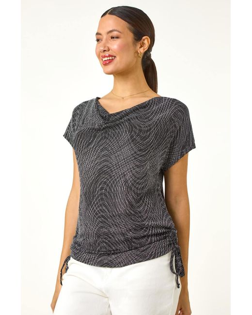 Roman Black Glitter Print Cowl Neck Stretch Top