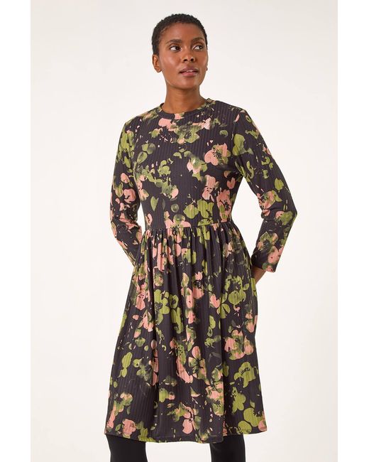 Roman Natural Floral Print Ribbed Gathered Waist Stretch Dress