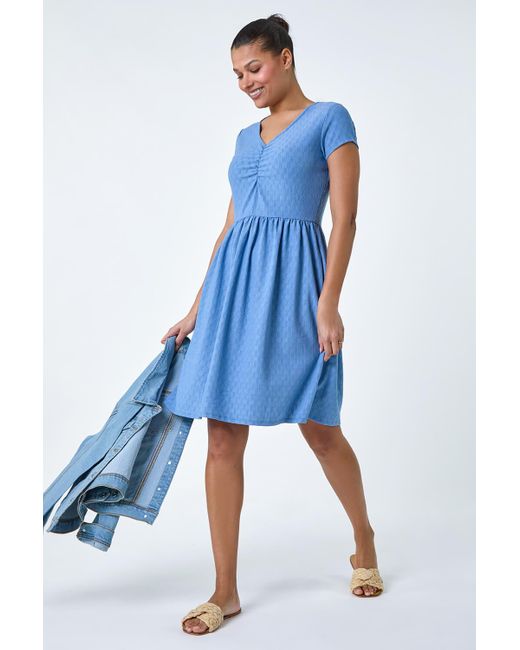 Roman Blue Textured Ruched Stretch Jersey Dress