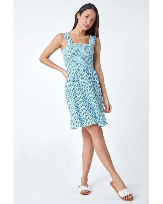 Roman Blue Zig Zag Print Shirred Cotton Dress